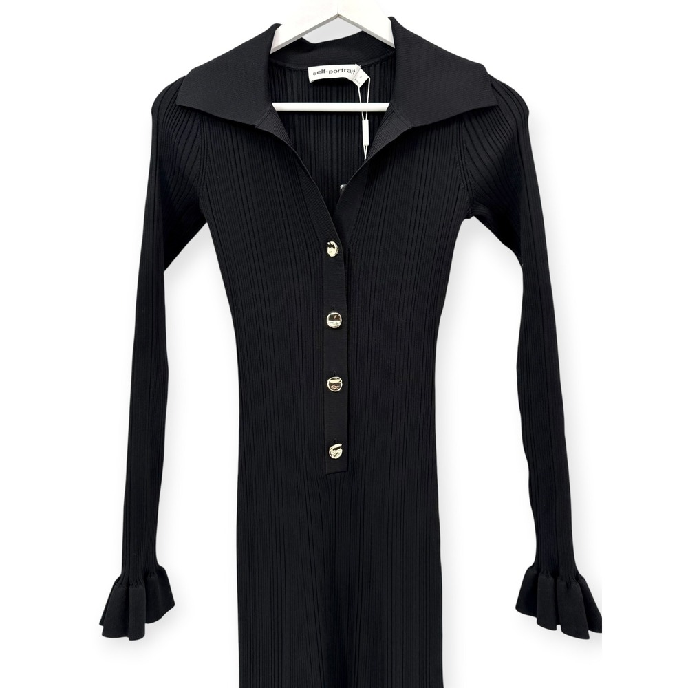 NWT Self-Portrait Black Ribbed Knit Fluted Midi Dress $555‎ - Size Small - Picture 7 of 16